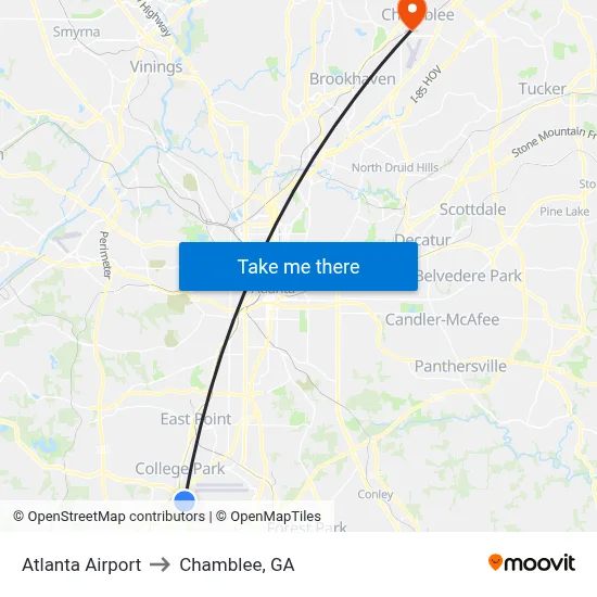 Atlanta Airport to Chamblee, GA map
