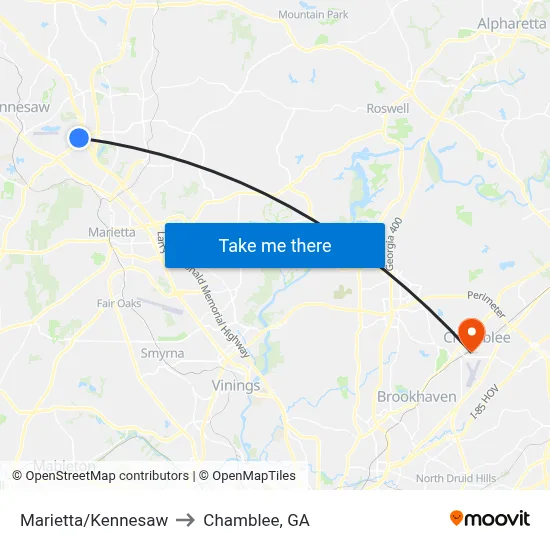 Marietta/Kennesaw to Chamblee, GA map
