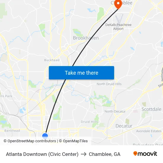 Atlanta Downtown (Civic Center) to Chamblee, GA map