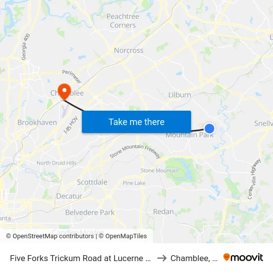 Five Forks Trickum Road at Lucerne Road to Chamblee, GA map