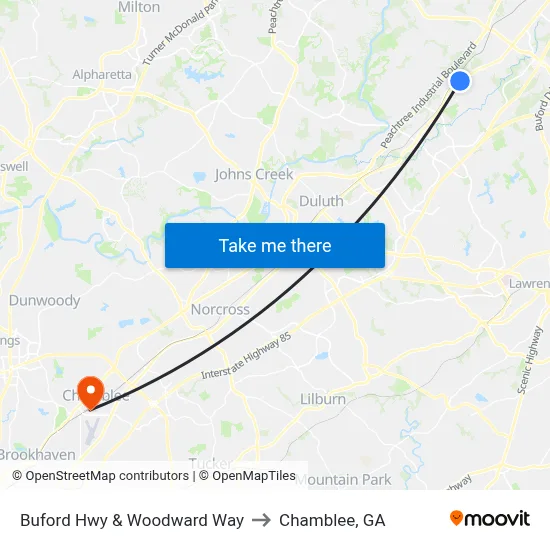 Buford Hwy & Woodward Way to Chamblee, GA map