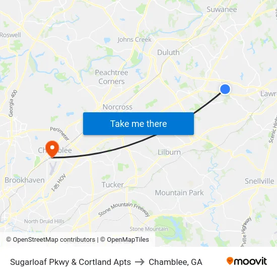 Sugarloaf Pkwy & Cortland Apts to Chamblee, GA map