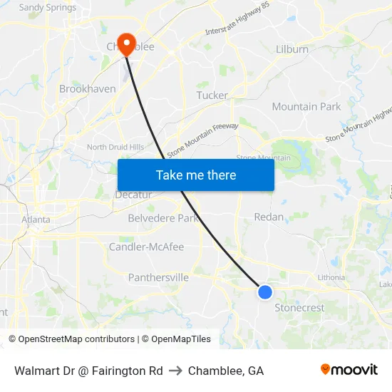 Walmart Dr @ Fairington Rd to Chamblee, GA map