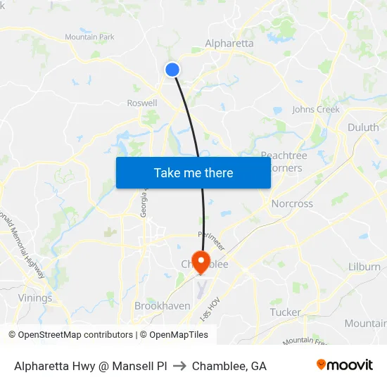 Alpharetta Hwy @ Mansell Pl to Chamblee, GA map