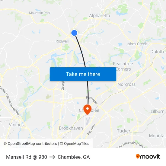 Mansell Rd @ 980 to Chamblee, GA map