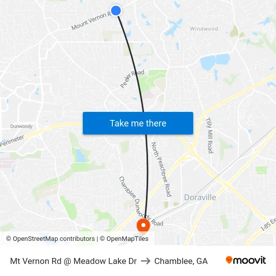 Mt Vernon Rd @ Meadow Lake Dr to Chamblee, GA map