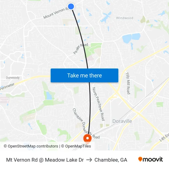 Mt Vernon Rd @ Meadow Lake Dr to Chamblee, GA map