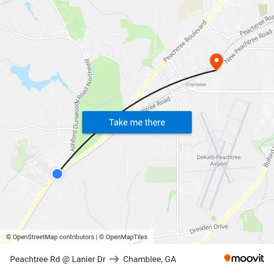 Peachtree Rd @ Lanier Dr to Chamblee, GA map