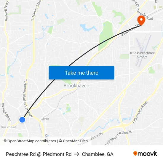 Peachtree Rd @ Piedmont Rd to Chamblee, GA map