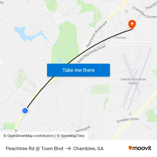 Peachtree Rd @ Town Blvd to Chamblee, GA map