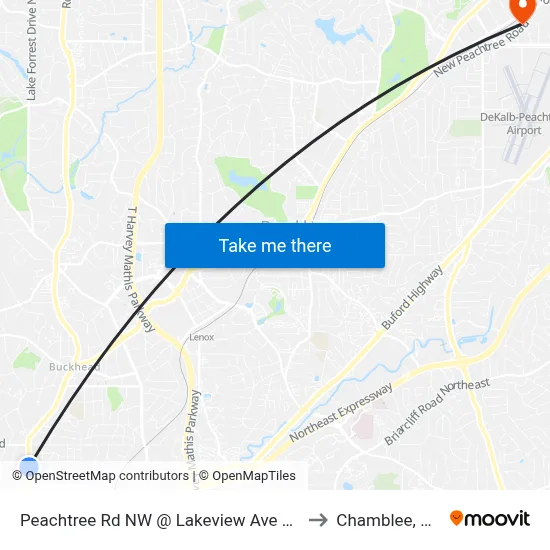 Peachtree Rd NW @ Lakeview Ave NE to Chamblee, GA map