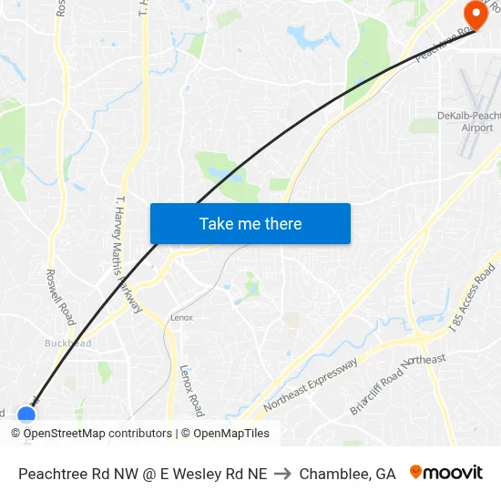Peachtree Rd NW @ E Wesley Rd NE to Chamblee, GA map