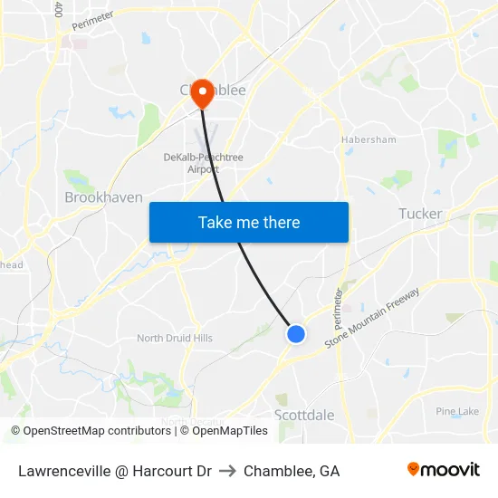 Lawrenceville @ Harcourt Dr to Chamblee, GA map
