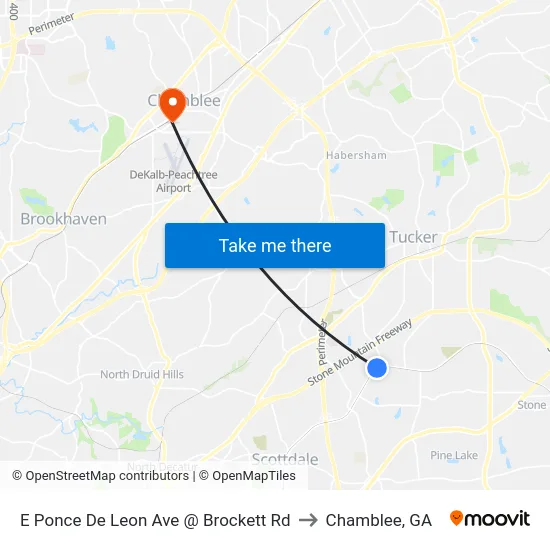 E Ponce De Leon Ave @ Brockett Rd to Chamblee, GA map