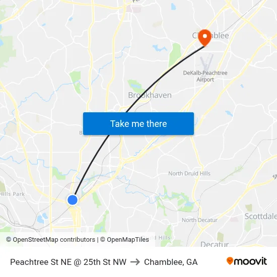 Peachtree St NE @ 25th St NW to Chamblee, GA map