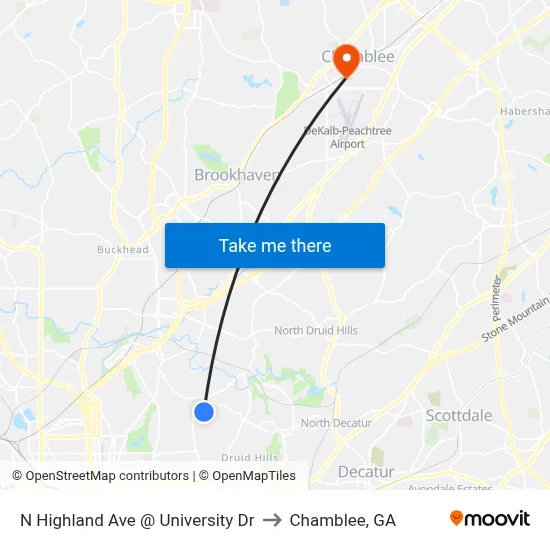 N Highland Ave @ University Dr to Chamblee, GA map
