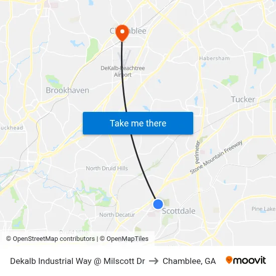 Dekalb Industrial Way @ Milscott Dr to Chamblee, GA map