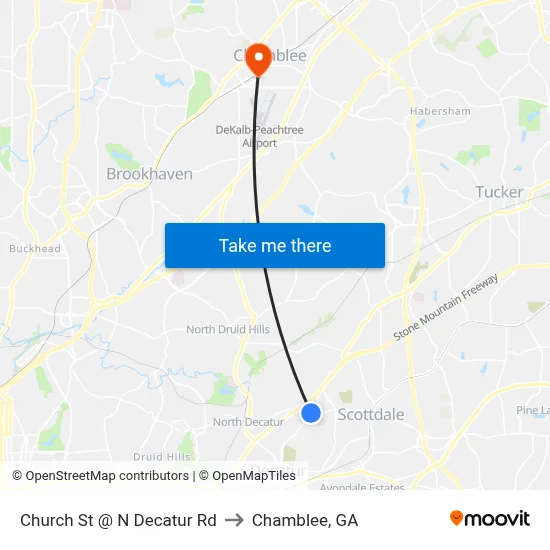 Church St @ N Decatur Rd to Chamblee, GA map