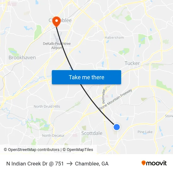 N Indian Creek Dr @ 751 to Chamblee, GA map