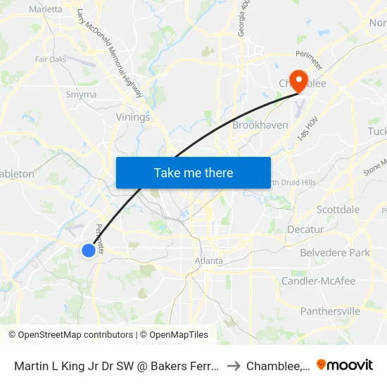 Martin L King Jr Dr SW @ Bakers Ferry Rd SW to Chamblee, GA map