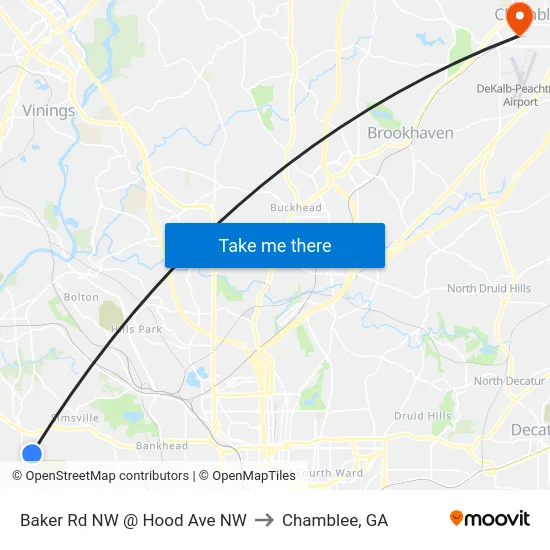 Baker Rd NW @ Hood Ave NW to Chamblee, GA map
