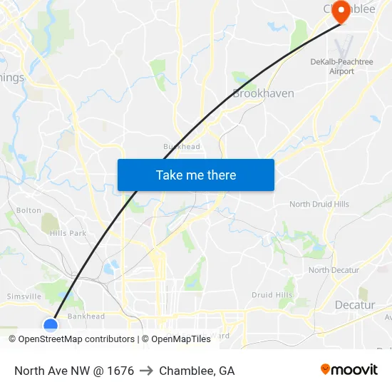 North Ave NW @ 1676 to Chamblee, GA map
