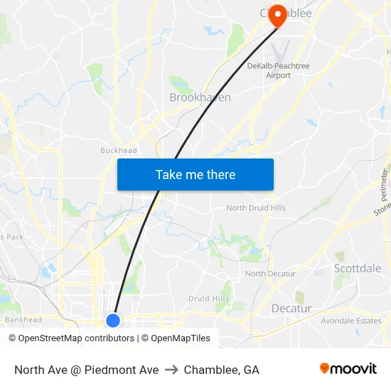 North Ave @ Piedmont Ave to Chamblee, GA map