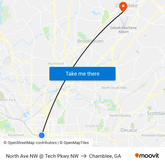 North Ave NW @ Tech Pkwy NW to Chamblee, GA map