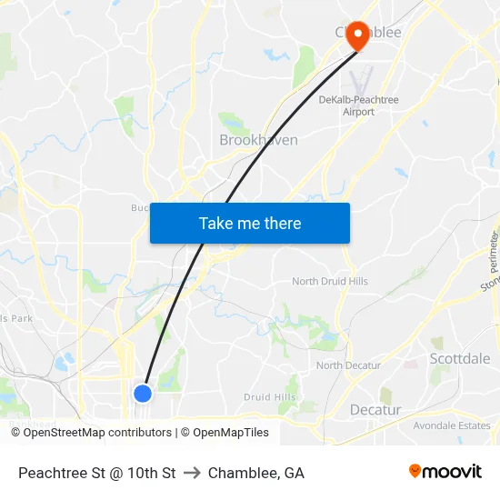 Peachtree St @ 10th St to Chamblee, GA map