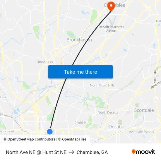 North Ave NE @ Hunt St NE to Chamblee, GA map