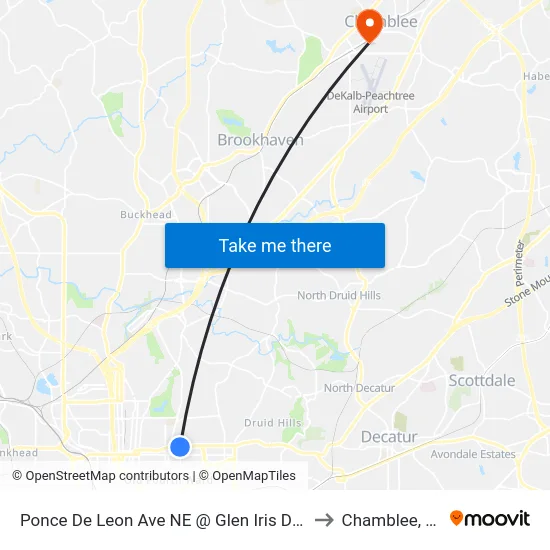 Ponce De Leon Ave NE @ Glen Iris Dr NE to Chamblee, GA map