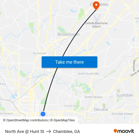 North Ave @ Hunt St to Chamblee, GA map