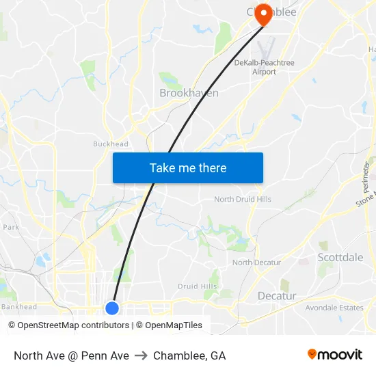 North Ave @ Penn Ave to Chamblee, GA map