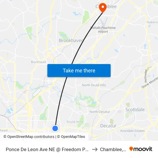 Ponce De Leon Ave NE @ Freedom Pkwy NE to Chamblee, GA map