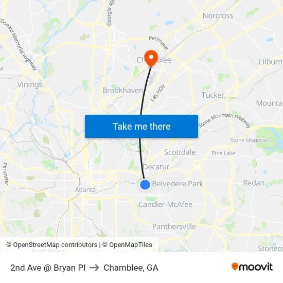 2nd Ave @ Bryan Pl to Chamblee, GA map