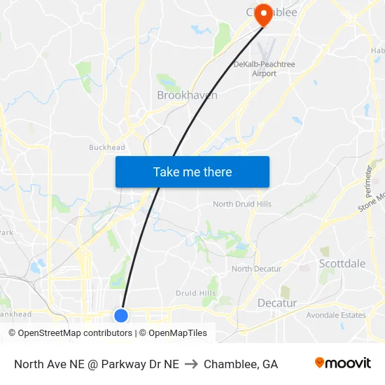 North Ave NE @ Parkway Dr NE to Chamblee, GA map