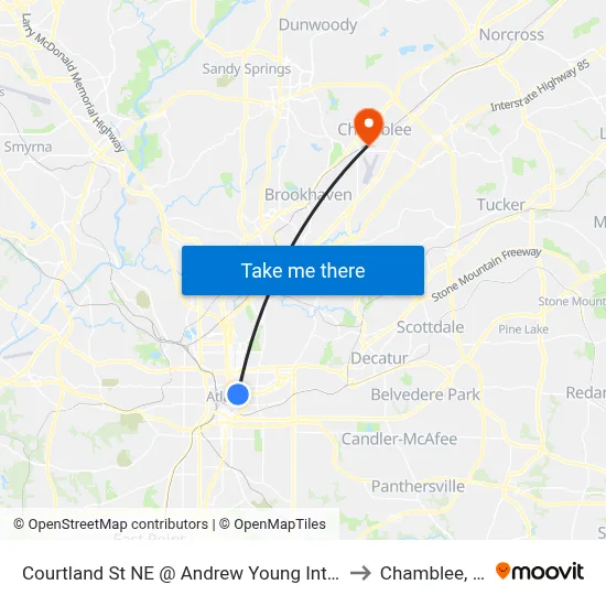 Courtland St NE @ Andrew Young Intl Blvd to Chamblee, GA map