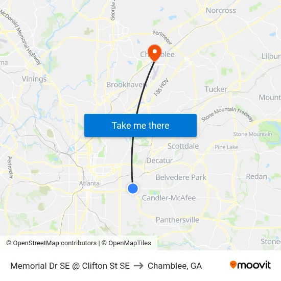 Memorial Dr SE @ Clifton St SE to Chamblee, GA map