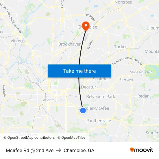 Mcafee Rd @ 2nd Ave to Chamblee, GA map