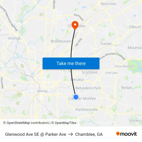 Glenwood Ave SE @ Parker Ave to Chamblee, GA map