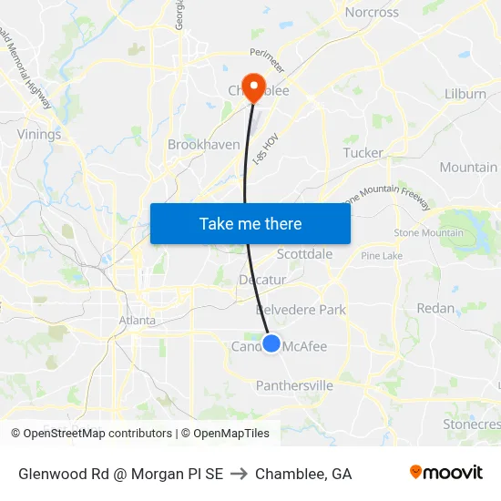 Glenwood Rd @ Morgan Pl SE to Chamblee, GA map