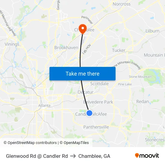 Glenwood Rd @ Candler Rd to Chamblee, GA map