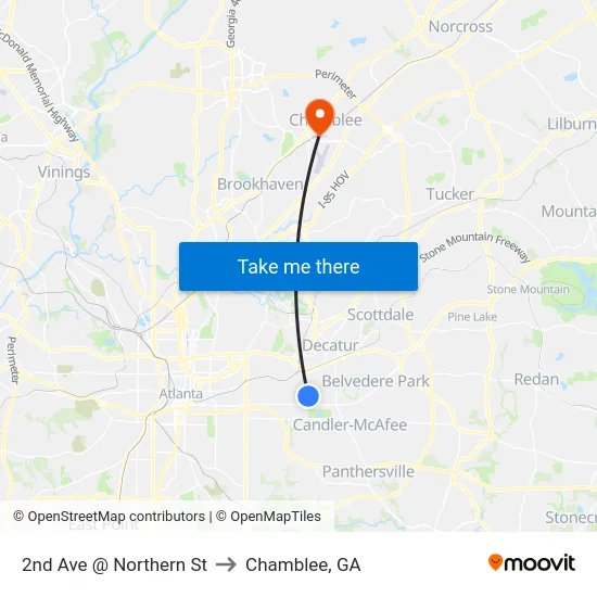 2nd Ave @ Northern St to Chamblee, GA map