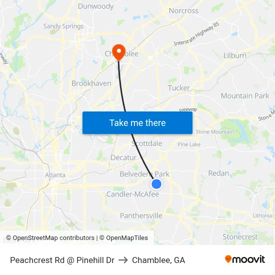 Peachcrest Rd @ Pinehill Dr to Chamblee, GA map