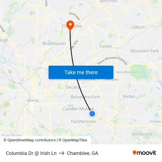 Columbia Dr @ Irish Ln to Chamblee, GA map