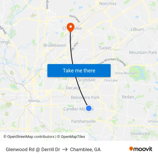 Glenwood Rd @ Derrill Dr to Chamblee, GA map