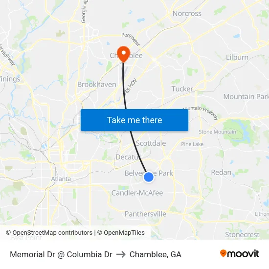 Memorial Dr @ Columbia Dr to Chamblee, GA map