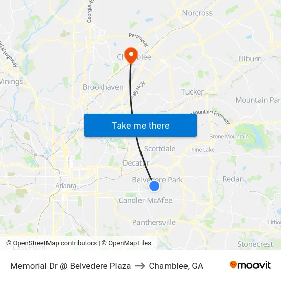 Memorial Dr @ Belvedere Plaza to Chamblee, GA map