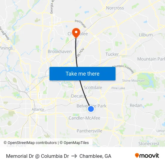 Memorial Dr @ Columbia Dr to Chamblee, GA map