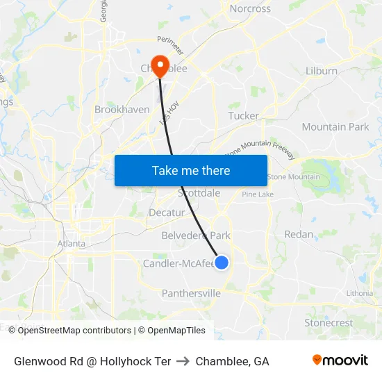 Glenwood Rd @ Hollyhock Ter to Chamblee, GA map